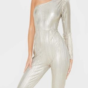 Silver plisse one shoulder jumpsuit